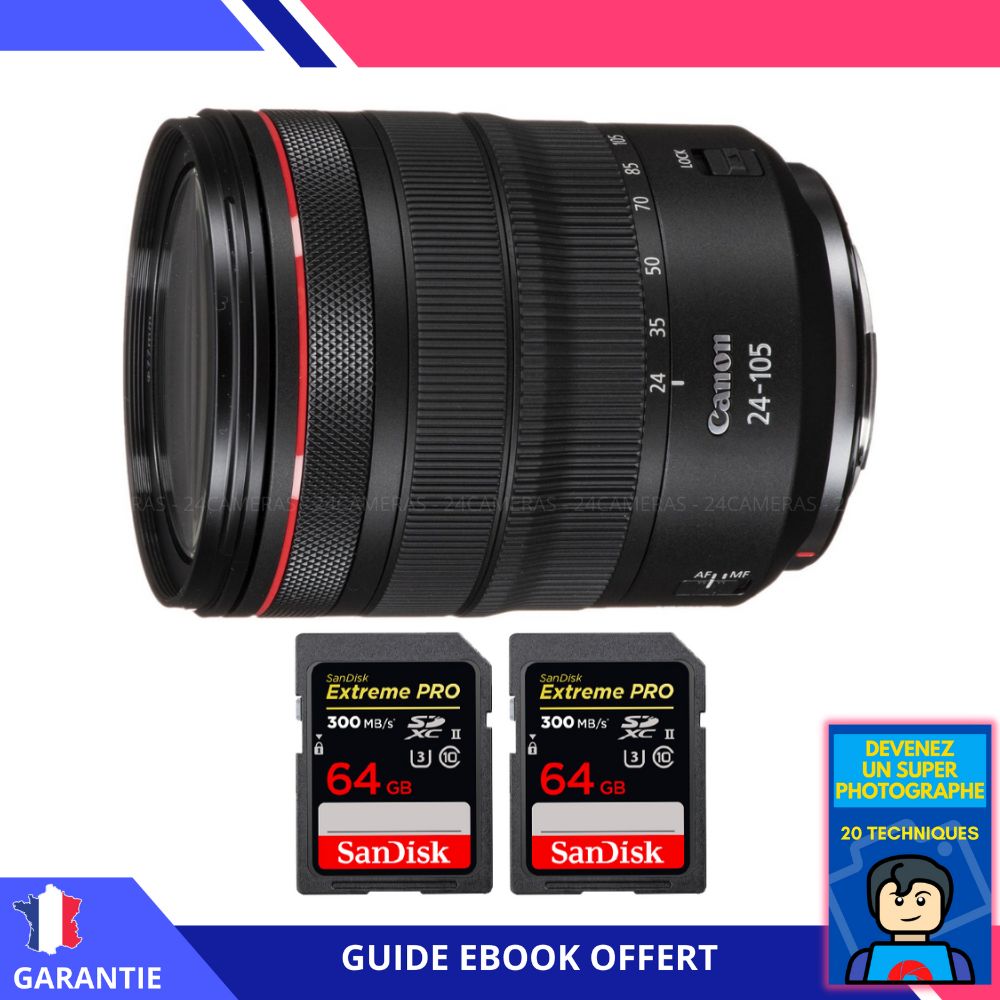 Canon RF 24-105mm f/4L IS USM Lens + 2 x 64GB SanDisk Extreme PRO UHS-II Memory Cards + 'Become a Super Photographer' Ebook