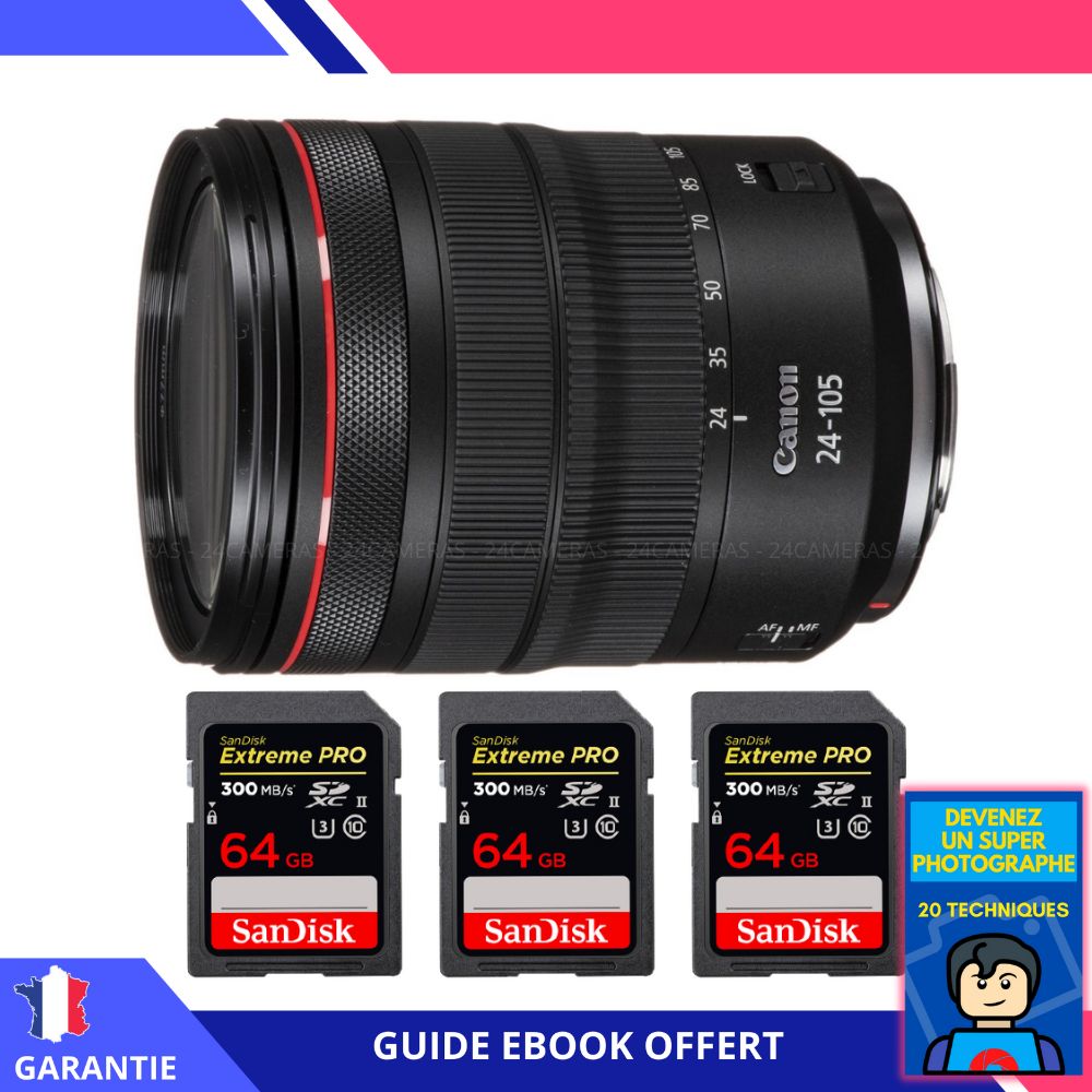 Canon RF 24-105mm f/4L IS USM Lens + 3 SanDisk 64GB Extreme PRO UHS-II Memory Cards + 'Become a Super Photographer' Ebook