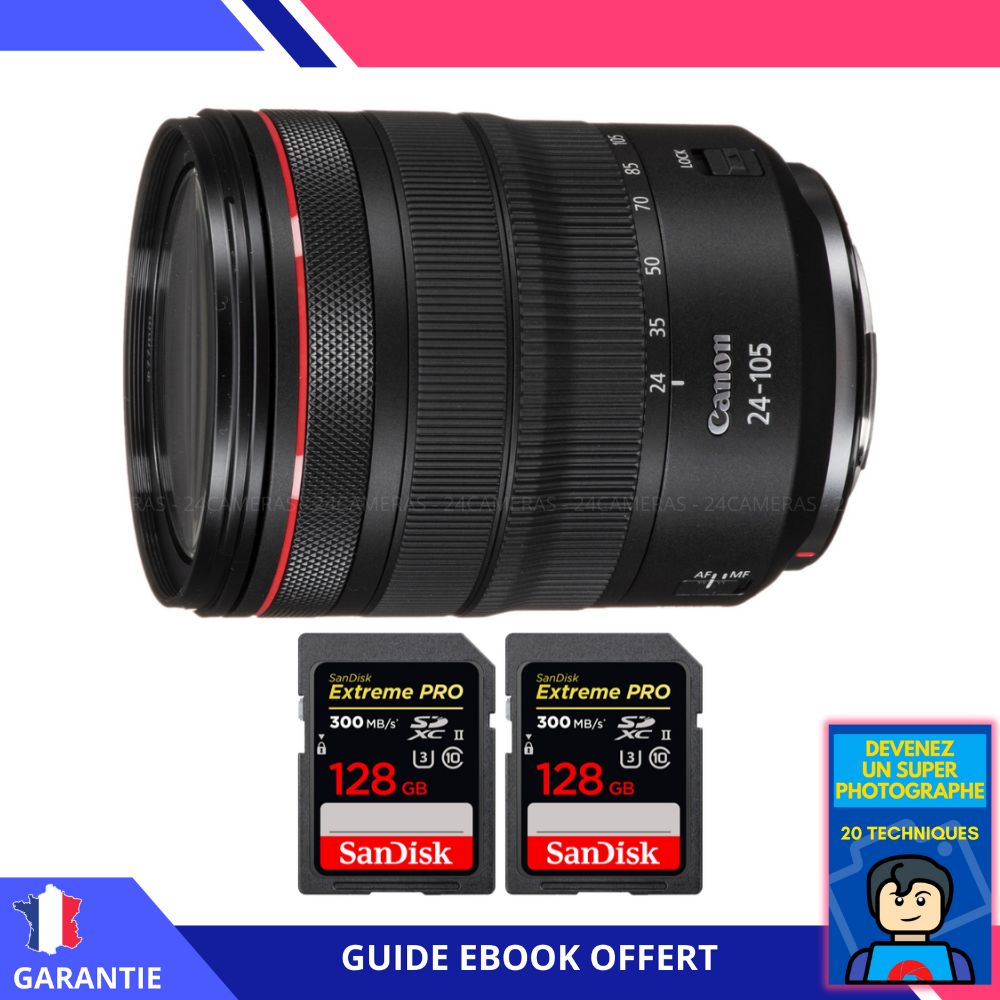 Canon RF 24-105mm f/4L IS USM Lens + 2x 128GB SanDisk Extreme PRO UHS-II Memory Cards + 'Become a Super Photographer' Ebook