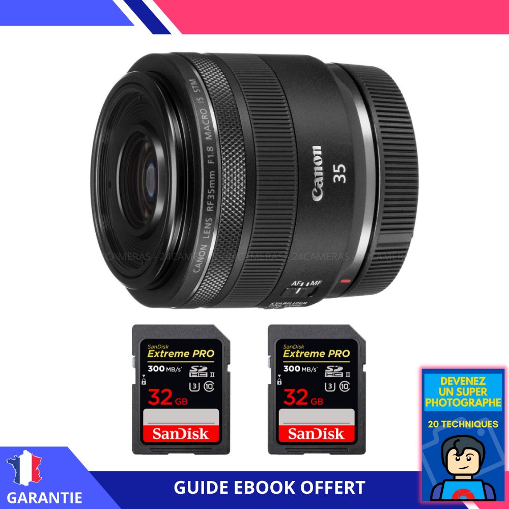 Canon RF 35mm f/1.8 Macro IS STM Lens + 2 SanDisk 32GB UHS-II Cards + 'Become a Super Photographer' Ebook