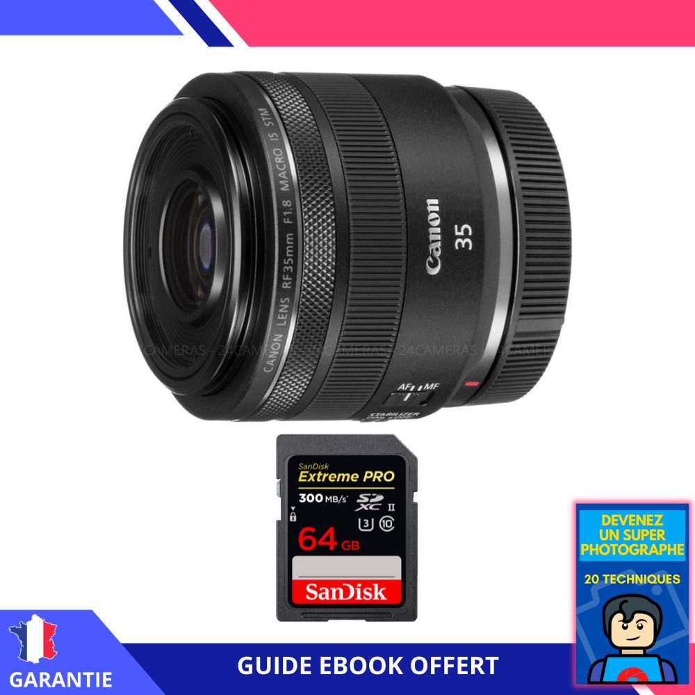 Canon RF 35mm f/1.8 Macro IS STM Lens + 64GB SanDisk UHS-II Card + 'Become a Super Photographer' Ebook