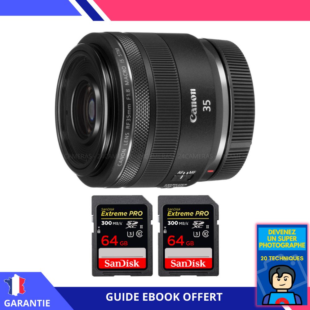 Canon RF 35mm f/1.8 Macro IS STM Lens + 2 SanDisk 64GB UHS-II 300MB/s Cards + 'Become a Master Photographer' Ebook