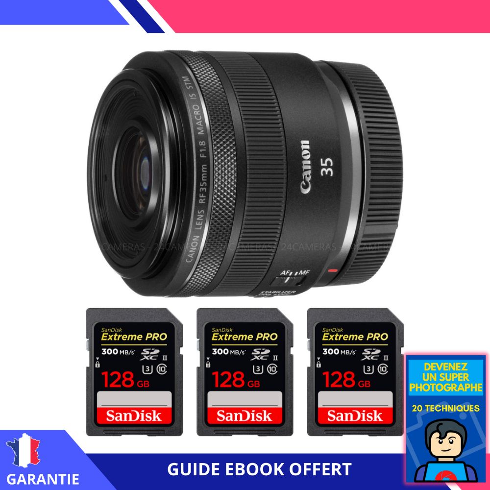 Canon RF 35mm f/1.8 Macro IS STM Lens + 3 SanDisk 128GB UHS-II 300MB/s Cards + 'Become a Master Photographer' Ebook