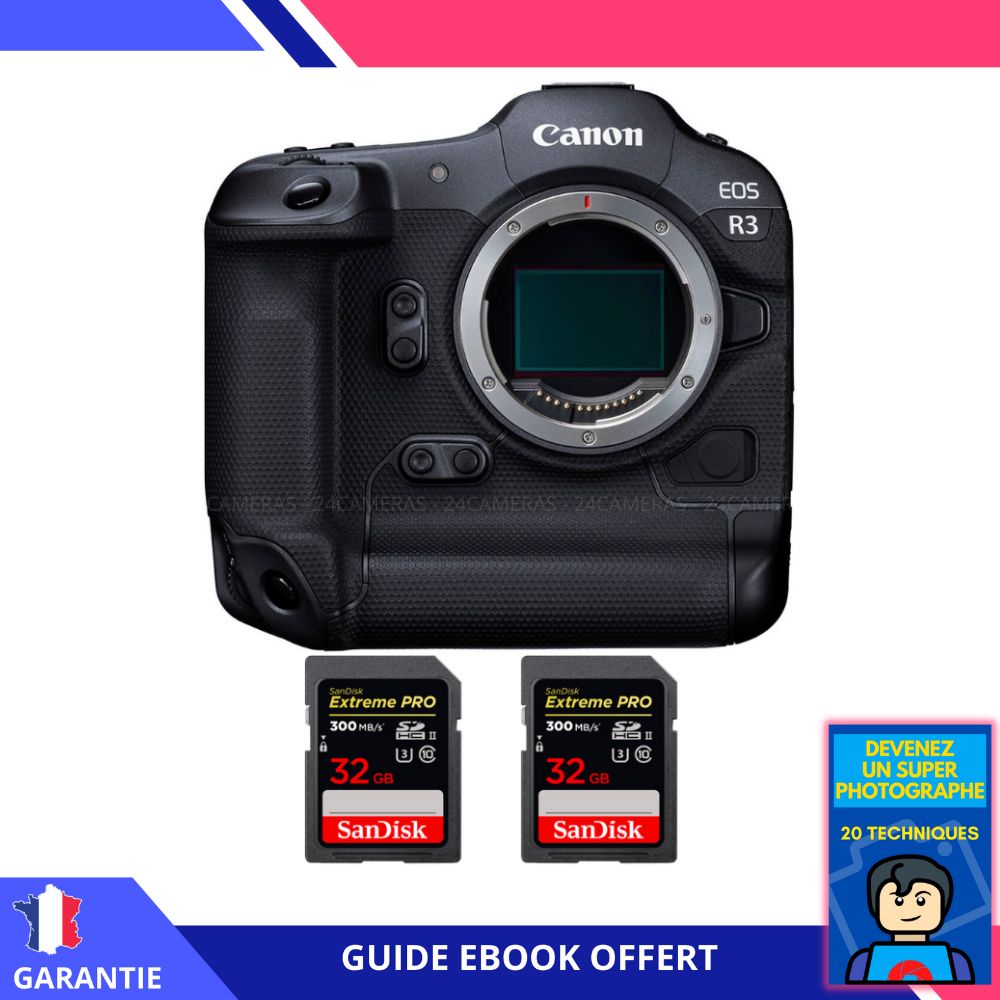 Canon EOS R3 Camera + 2 SanDisk 32GB Extreme PRO UHS-II SDXC Cards (300MB/s) + Ebook 'Become a Super Photographer'