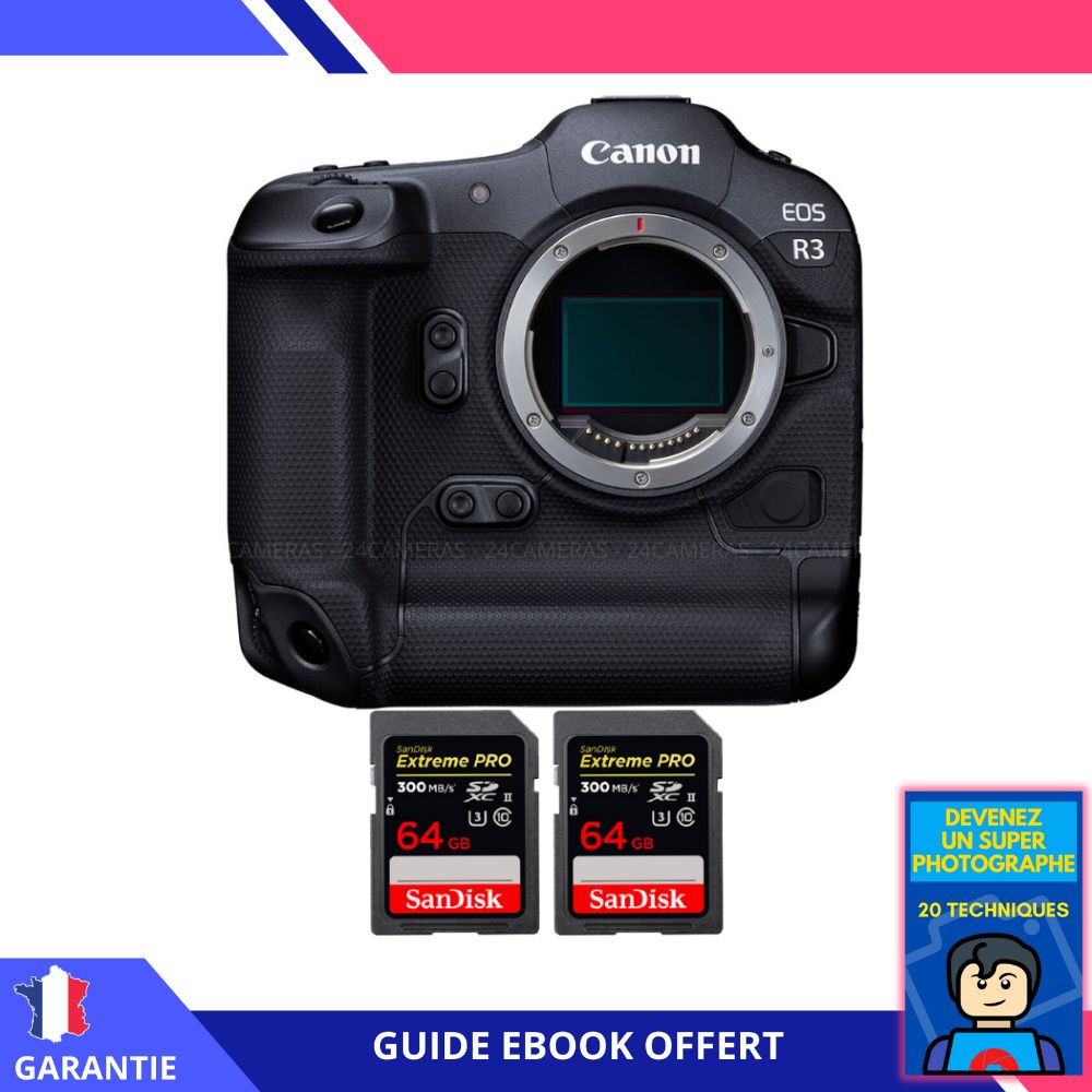 Canon EOS R3 Body + 2x 64GB SanDisk Extreme PRO UHS-II SDXC Cards + Ebook 'Become a Super Photographer'