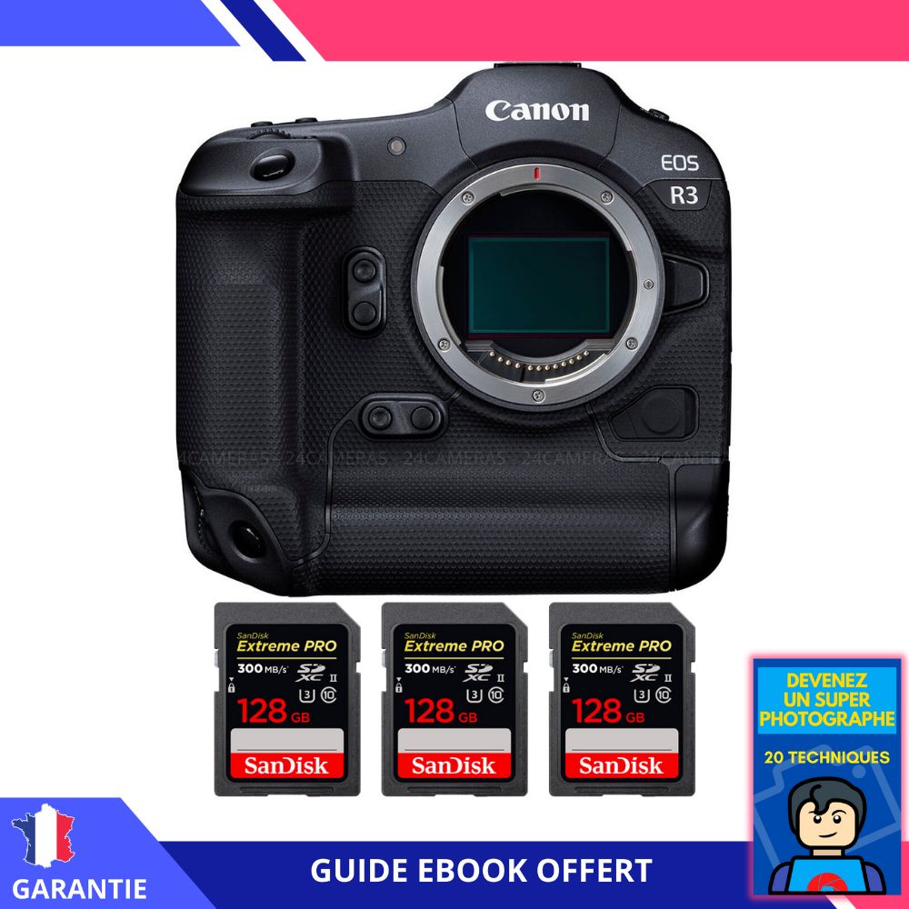 Canon EOS R3 Mirrorless Camera + 3 SanDisk 128GB Extreme PRO UHS-II SDXC Cards (300 MB/s) + Ebook 'Become a Super Photographer'
