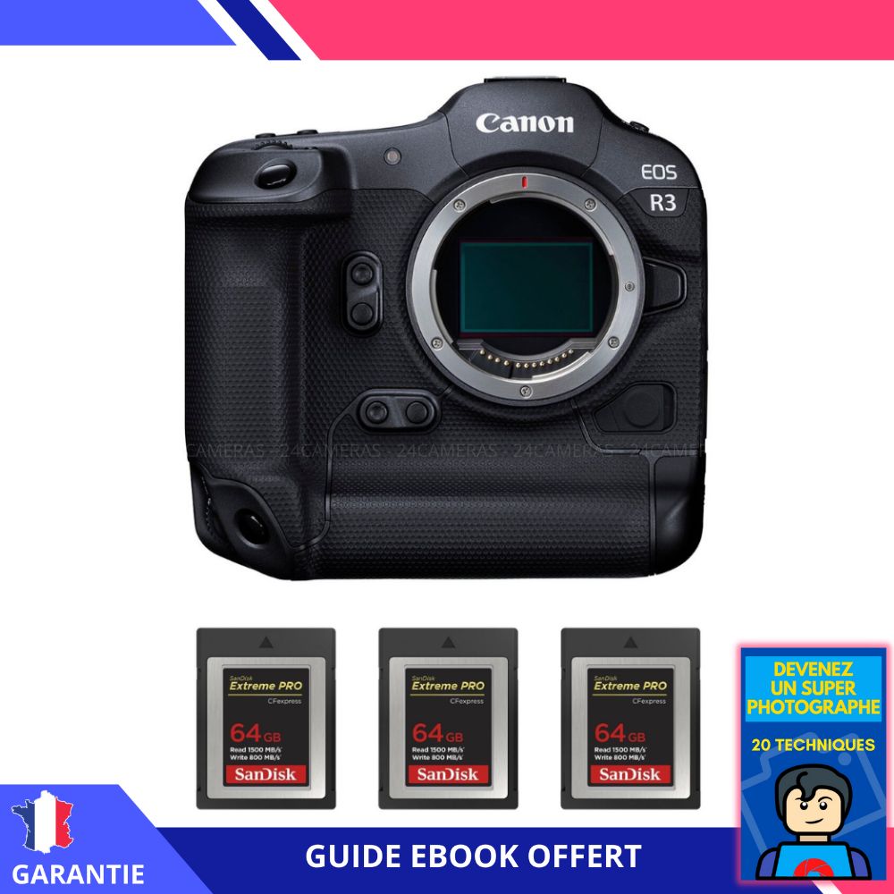 Canon EOS R3 Nu + 3x 64GB SanDisk Extreme PRO CFexpress Type B + Ebook: Conviértase en un fotógrafo super