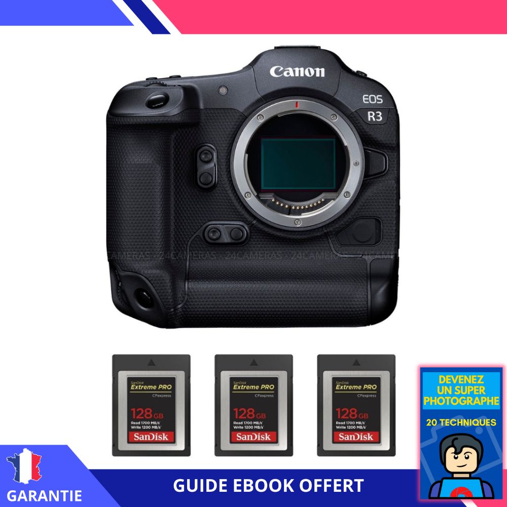 Canon EOS R3 Nu + 3 Tarjetas SanDisk 128GB Extreme PRO CFexpress Tipo B + Ebook 'Conviértete en un Fotógrafo Super'