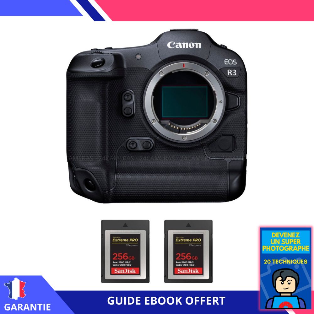 Canon EOS R3 Nu + 2 cartes SanDisk 256 Go Extreme PRO CFexpress Type B + Ebook 'Devenez un Super Photographe'