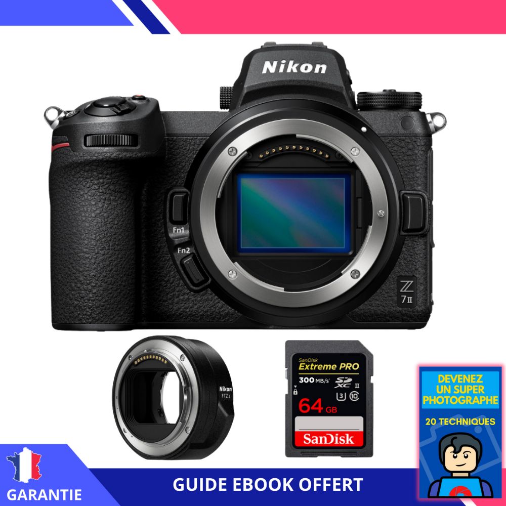 Kit Nikon Z7 II Cámara sin espejo con adaptador FTZ II, tarjeta SD de 64 GB SanDisk Extreme PRO y ebook: ¡Conviértete en un fotógrafo súper!