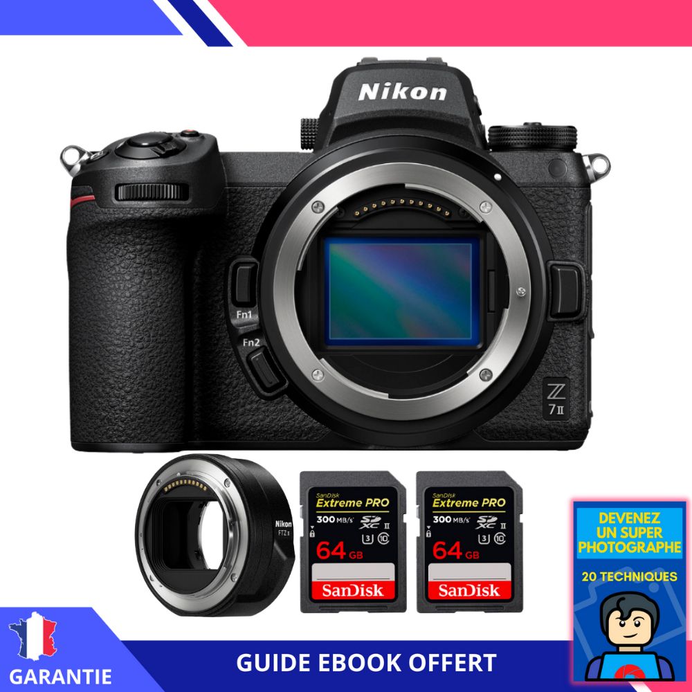 Kit Nikon Z7 II Cámara sin espejo con adaptador FTZ II, 2 tarjetas de memoria SanDisk Extreme PRO de 64GB, y ebook: 'Conviértase en un fotógrafo súper'