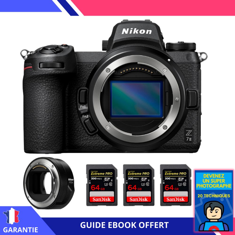 Kit Nikon Z7 II Cámara sin espejo con adaptador FTZ II, 3 tarjetas de memoria SanDisk Extreme PRO de 64 GB, y ebook: Conviértase en un fotógrafo súper