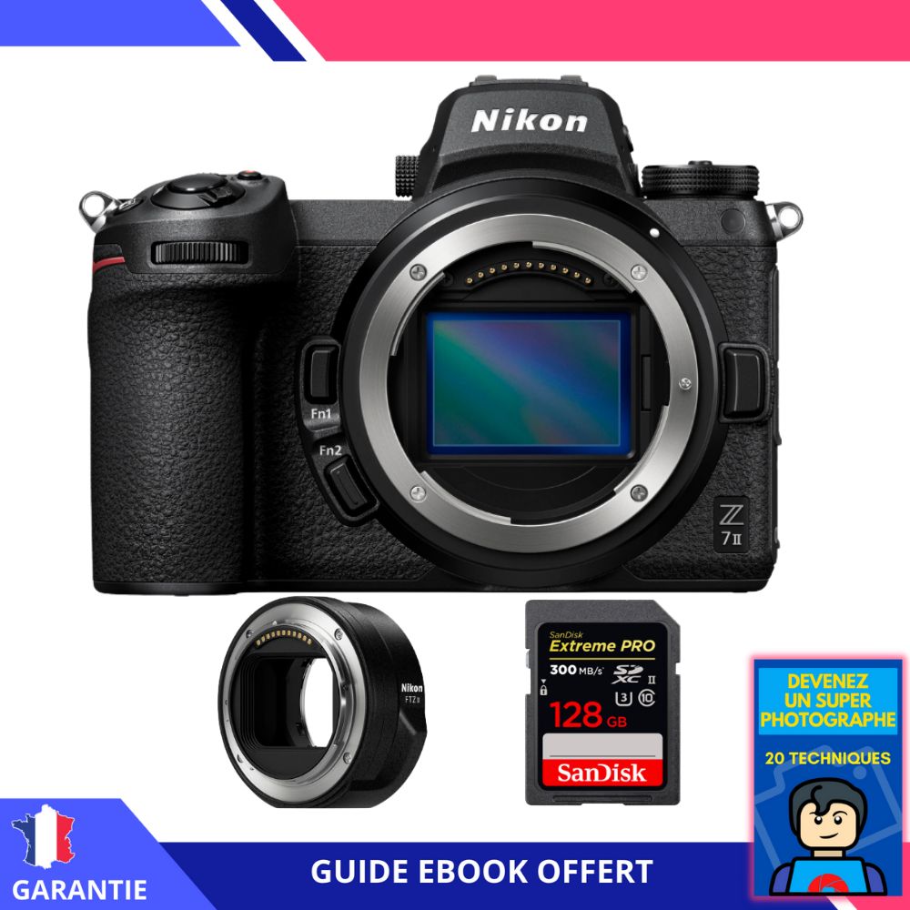 Kit Nikon Z7 II Appareil photo sans miroir avec adaptateur FTZ II et carte SD 128 Go SanDisk Extreme PRO