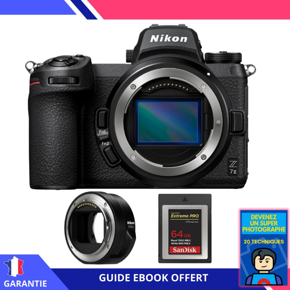 Kit Nikon Z7 II Appareil photo sans miroir avec adaptateur FTZ II, carte Sandisk Extreme PRO 64 Go CFexpress Type B et ebook : Devenez un photographe exceptionnel