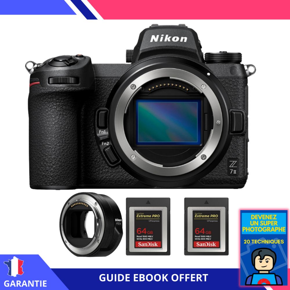 Kit Nikon Z7 II Cámara sin espejo con adaptador FTZ II, 2 tarjetas SanDisk Extreme PRO CFexpress Tipo B de 64 GB + ebook 'Conviértase en un fotógrafo super'
