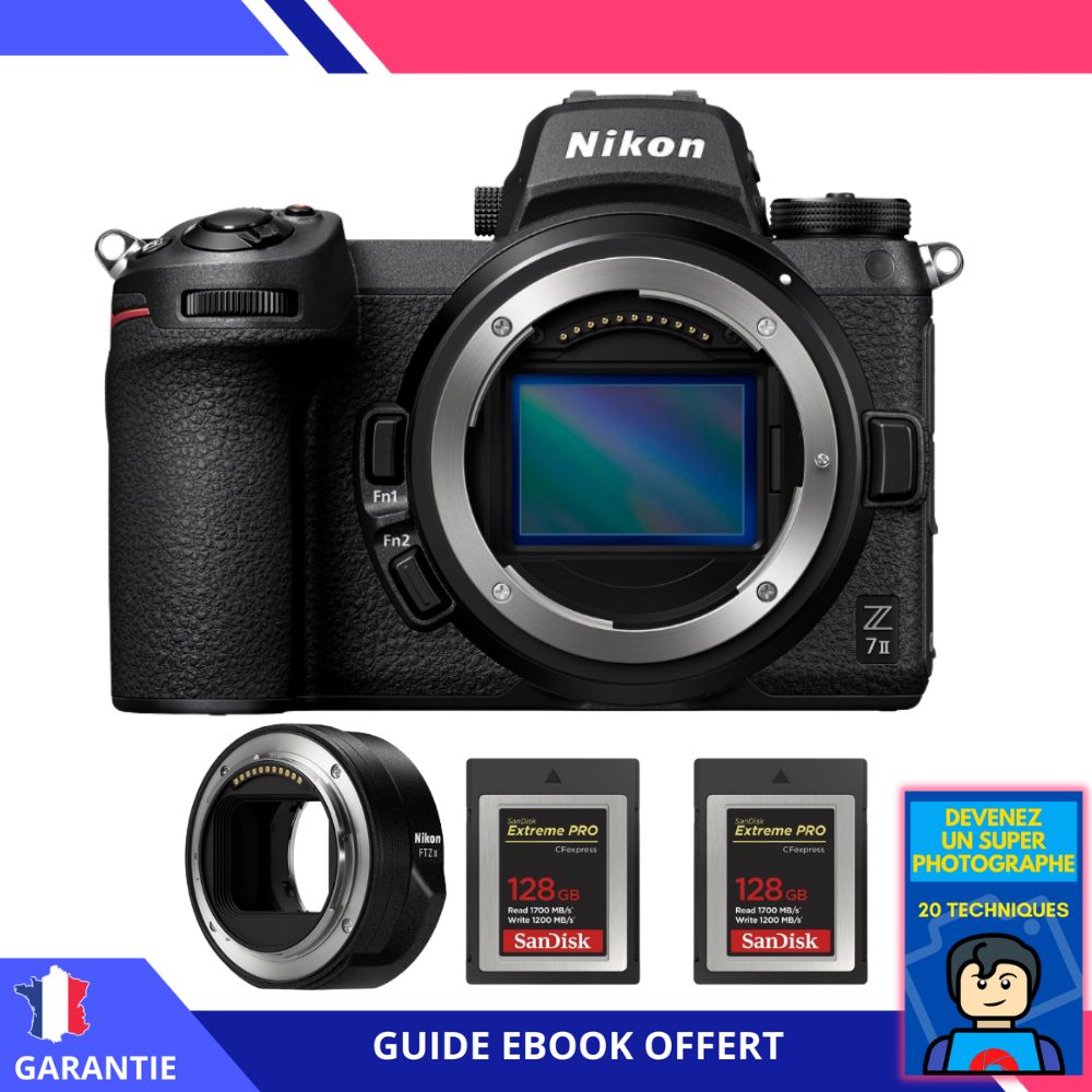 Kit Nikon Z7 II con adaptador FTZ II, 2x Tarjetas SanDisk Extreme PRO de 128GB y eBook: ¡Conviértete en un Fotógrafo Super!