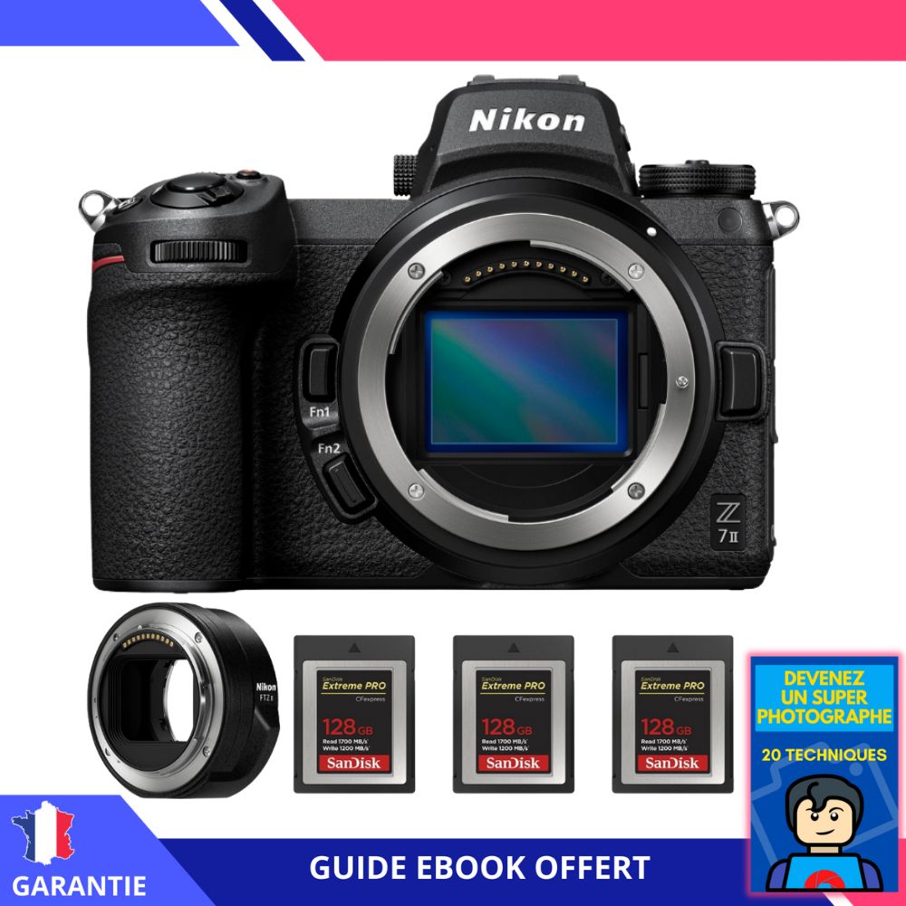 Kit Nikon Z7 II con adaptador FTZ II y tarjetas SanDisk 128GB CFexpress (paquete de 3) + ebook: Conviértete en un fotógrafo extraordinario