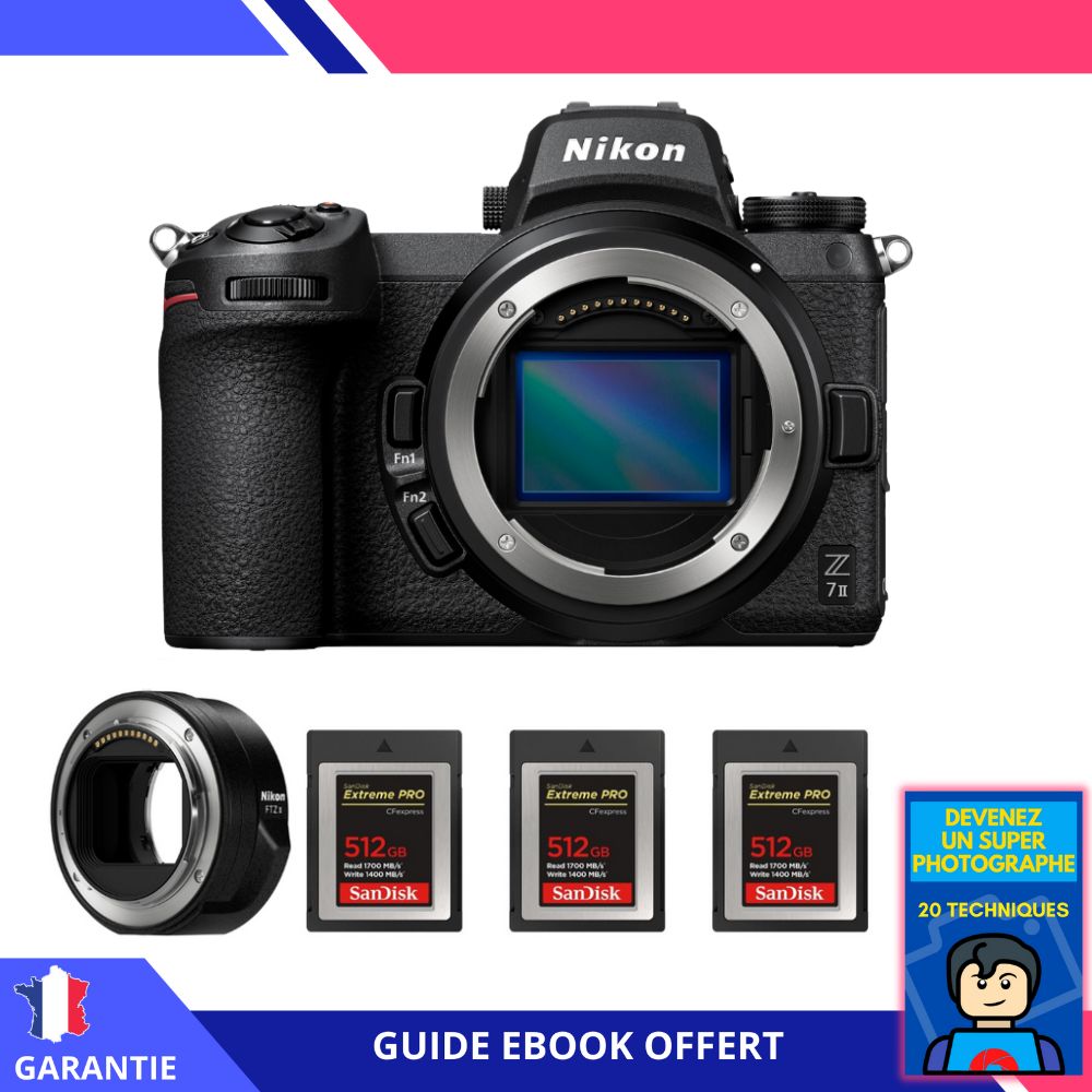 Kit de cámara Nikon Z7 II con adaptador FTZ II, 3 tarjetas SanDisk 512 GB Extreme PRO Tipo B CFexpress + eBook 'Conviértete en un fotógrafo extraordinario'