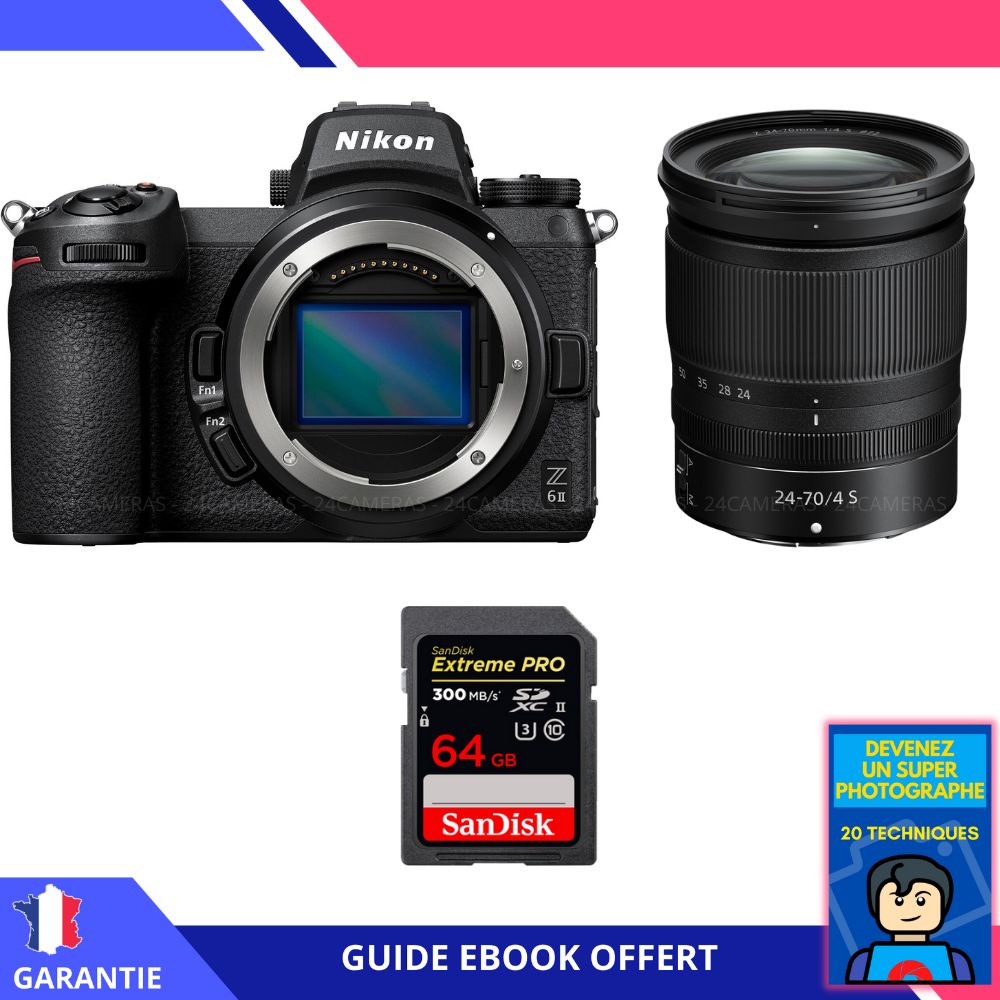 Nikon Z6 II Mirrorless Camera + Z 24-70mm f/4 S Lens + 1 SanDisk 64GB Extreme PRO UHS-II SDXC Card + Ebook 'Devenez Un Super Photographe'