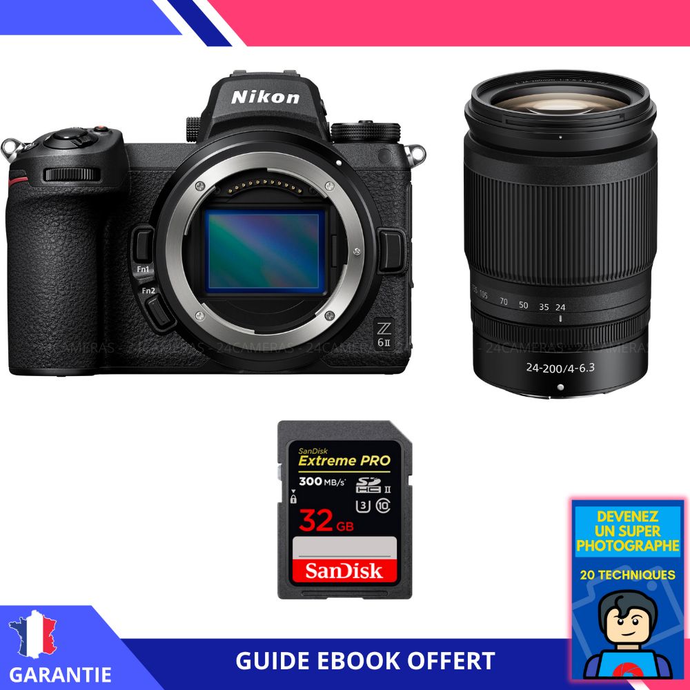 Nikon Z6 II Mirrorless Camera + Z 24-200mm f/4-6.3 VR Lens + 1 SanDisk 32GB Extreme PRO UHS-II SDXC Card + 'Devenez Un Super Photographe' Ebook