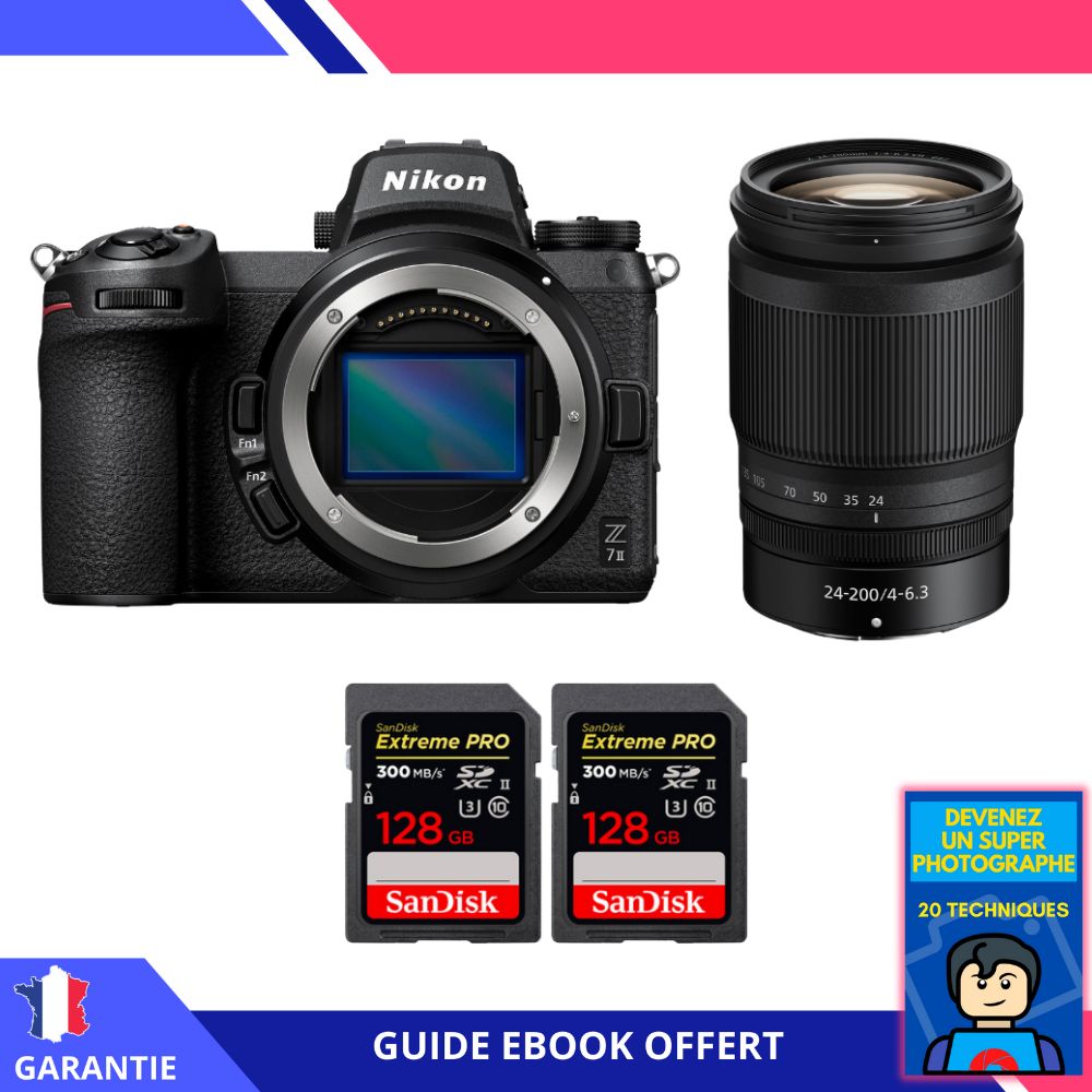 Nikon Z7 II Mirrorless Camera + Z 24-200mm f/4-6.3 VR Lens + 2x SanDisk 128GB Extreme PRO UHS-II SDXC Cards + Ebook: Become a Super Photographer