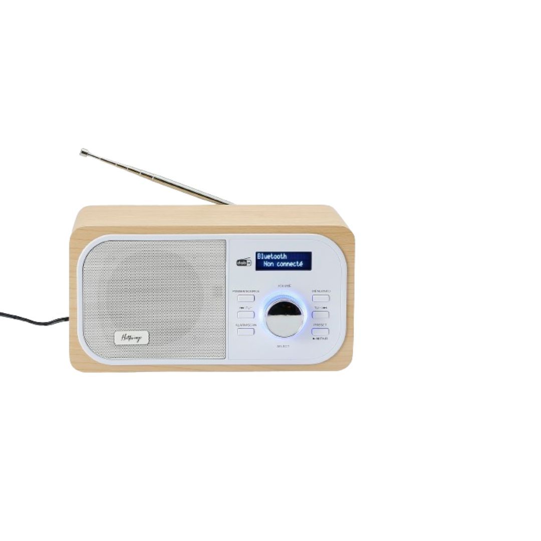 Radio DAB+/DAB/FM, Bluetooth Connection, Double Alarm, LCD Screen, Adjustable Brightness, Telescopic Antenna, 3W RMS, Included Adapter, Wood Color