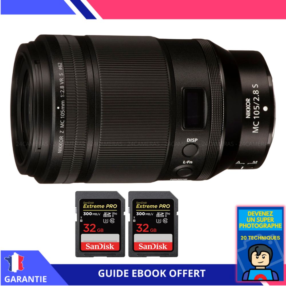 Nikon Z MC 105mm f/2.8 VR S Macro Lens + 2 SanDisk 32GB UHS-II Cards + 'Become a Super Photographer' Ebook - Nikon Z Lens for Hybrid Cameras