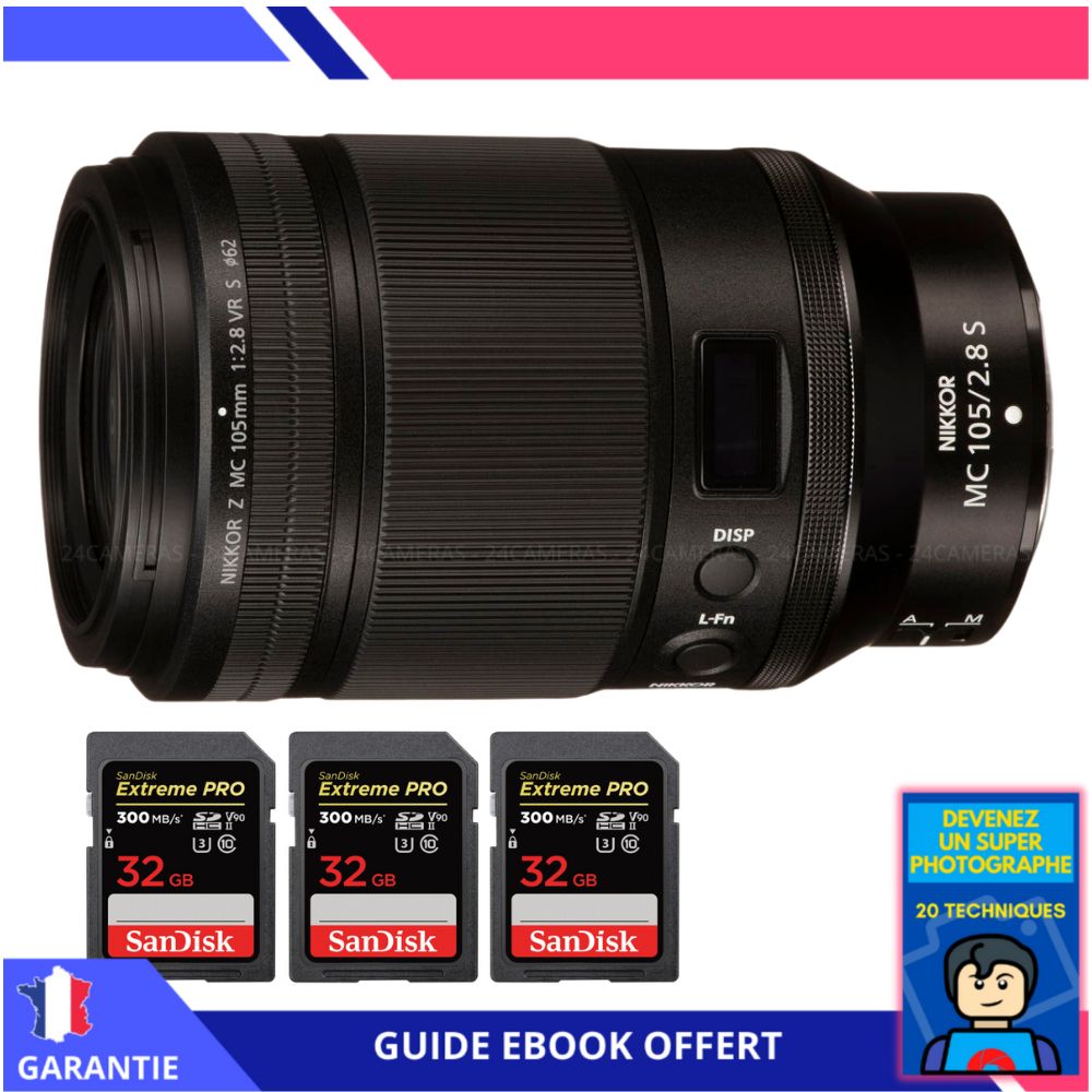Nikon Z MC 105mm f/2.8 VR S Macro + 3 SanDisk 32GB UHS-II 300 MB/s + Ebook 'Devenez Un Super Photographe'