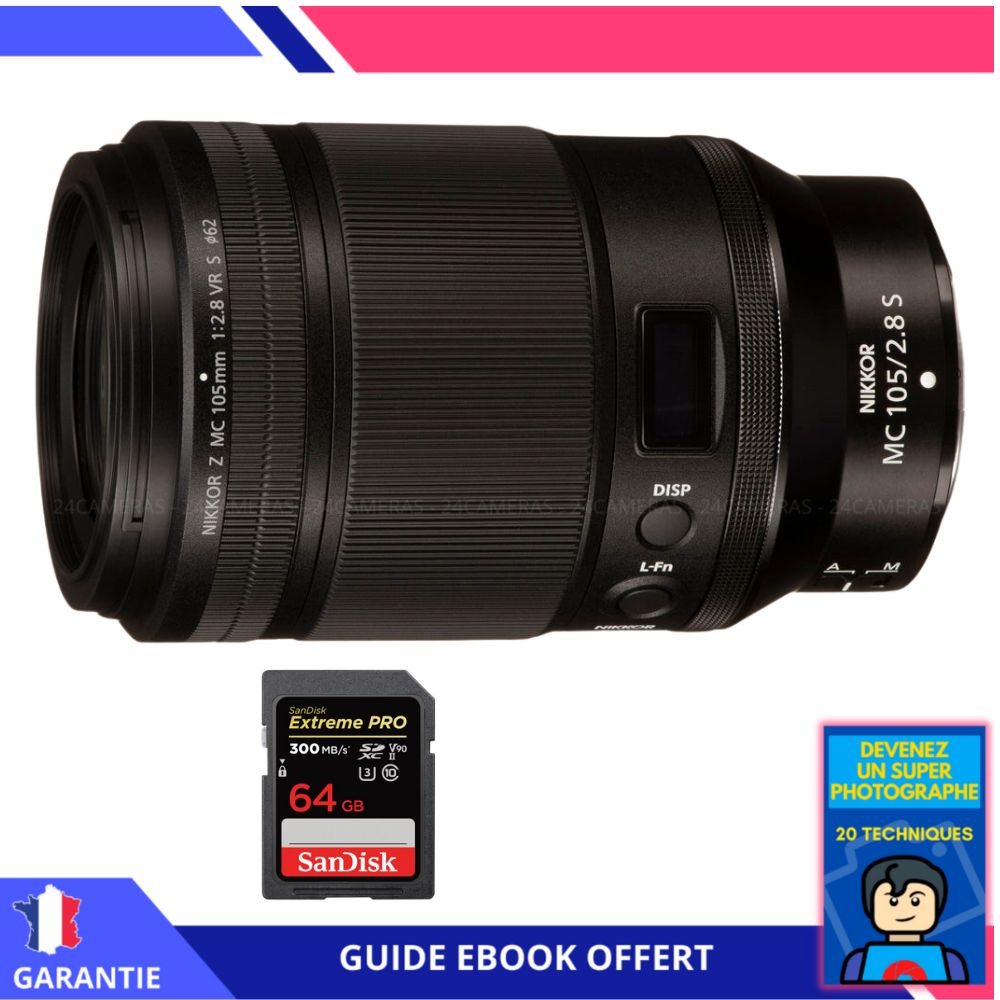 Nikon Z MC 105mm f/2.8 VR S Macro Lens + 1 SanDisk 64GB UHS-II 300MB/s Card + 'Become a Super Photographer' Ebook - Nikon Hybrid Camera Lens