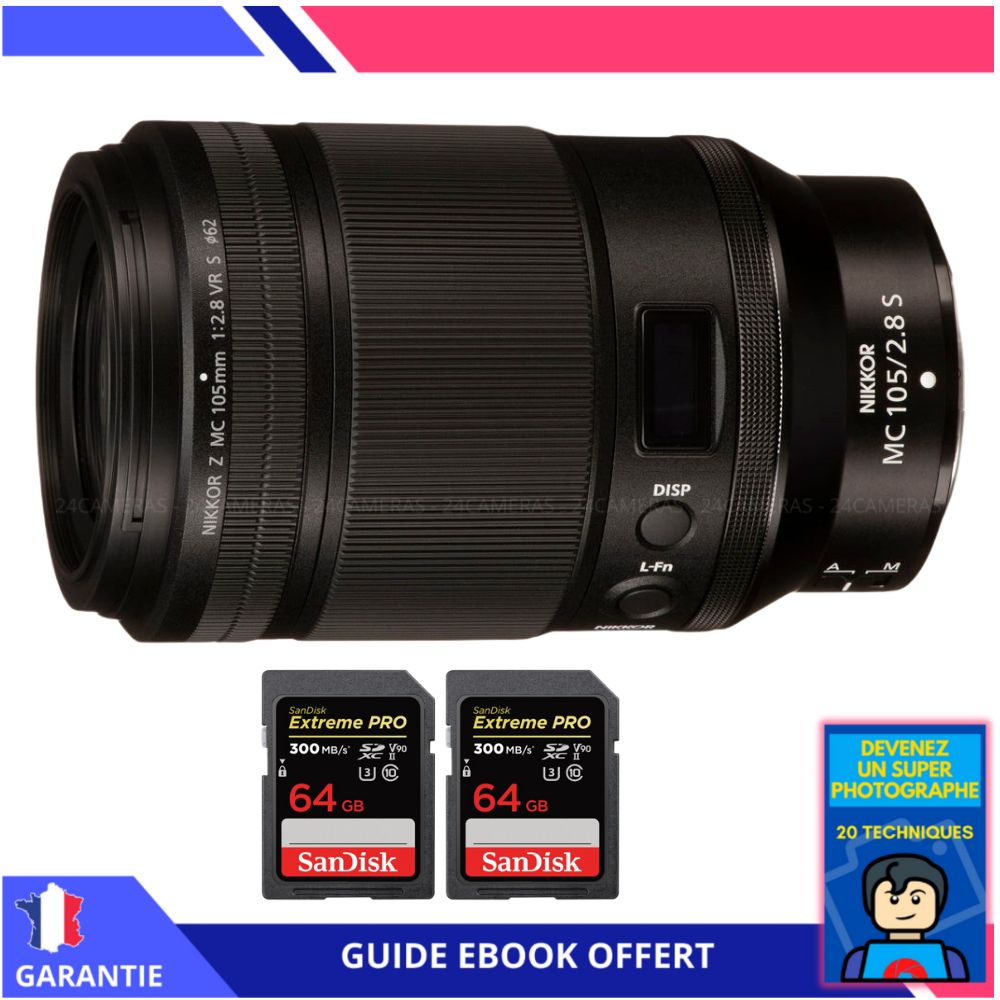 Nikon Z MC 105mm f/2.8 VR S Macro Lens + 2 SanDisk 64GB UHS-II 300MB/s Cards + 'Become a Super Photographer' Ebook - Nikon Z Lens for Hybrid Cameras