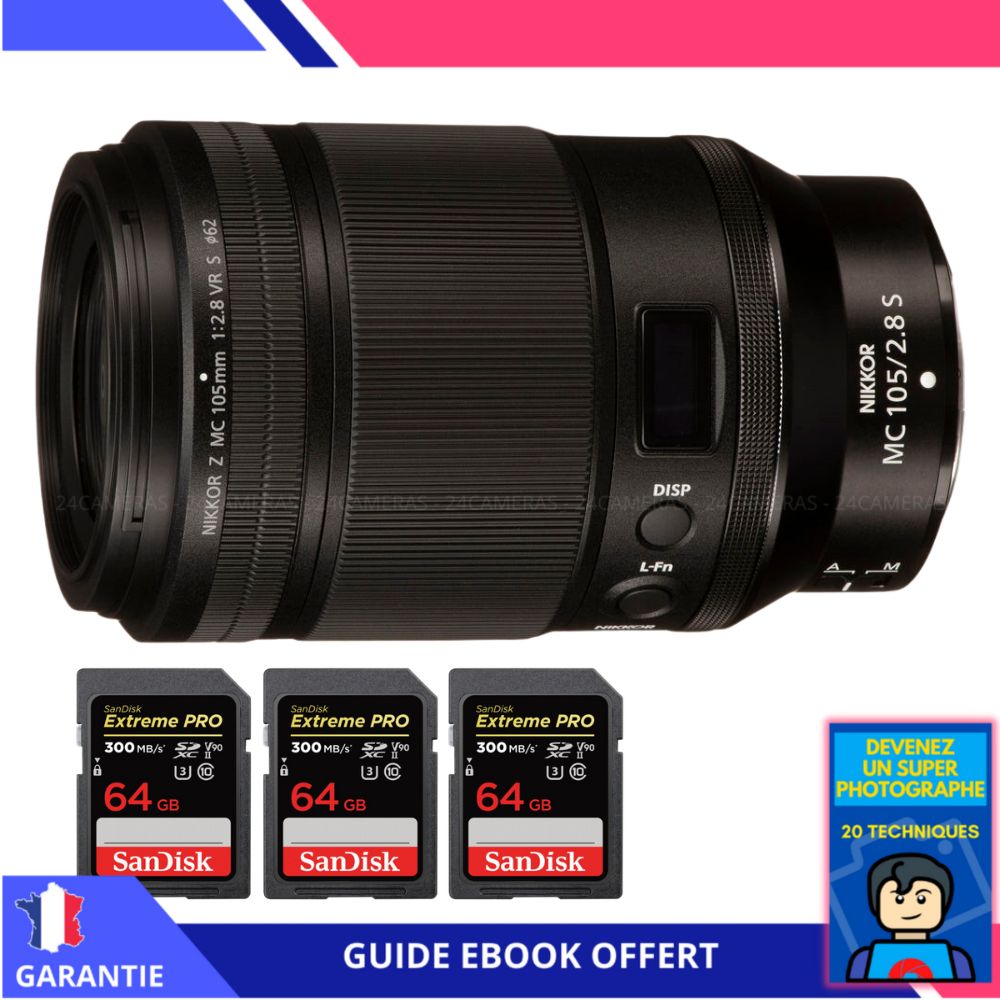 Nikon Z MC 105mm f/2.8 VR S Macro + 3 SanDisk 64GB UHS-II 300MB/s + Ebook 'Devenez Un Super Photographe' - Nikon Hybrid Lens