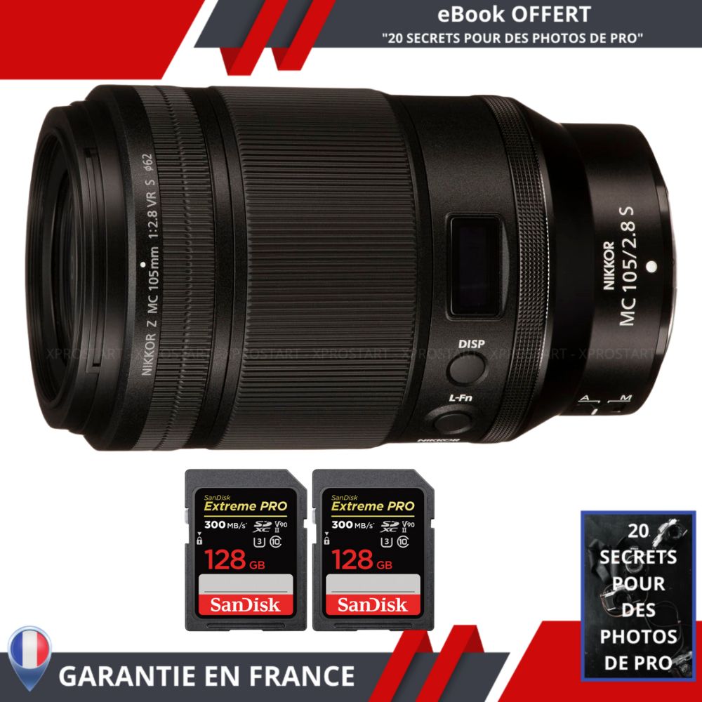 Nikon Z MC 105mm f/2.8 VR S Macro + 2 SanDisk 128GB UHS-II 300 MB/s + Ebook 'Devenez Un Super Photographe' - Nikon Hybrid Lens