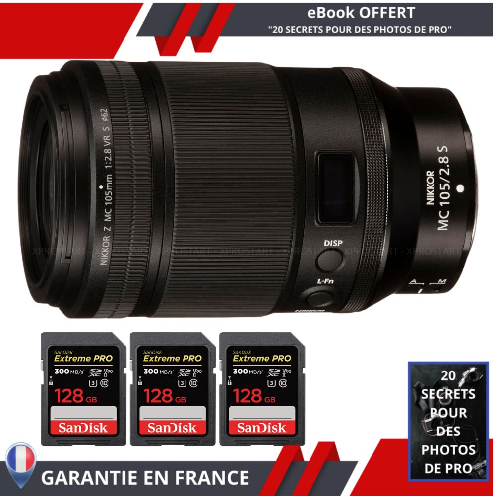 Nikon Z MC 105mm f/2.8 VR S Macro + 3 SanDisk 128GB UHS-II 300 MB/s + Ebook 'Devenez Un Super Photographe'
