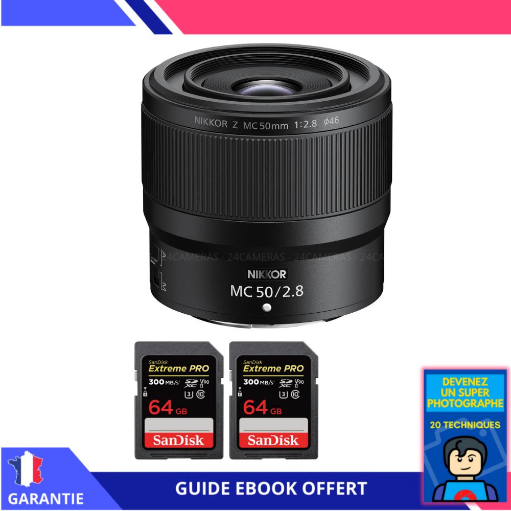 Nikon Z MC 50mm f/2.8 Macro + 2 SanDisk 64GB UHS-II 300 MB/s + Ebook 'Devenez Un Super Photographe' - Macro Lens for Nikon Hybrid
