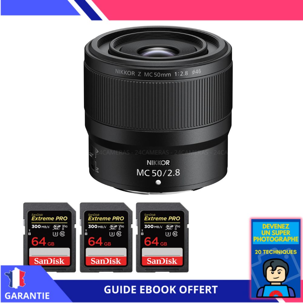 Nikon Z MC 50mm f/2.8 Macro + 3 SanDisk 64GB UHS-II 300MB/s + Ebook 'Devenez Un Super Photographe'