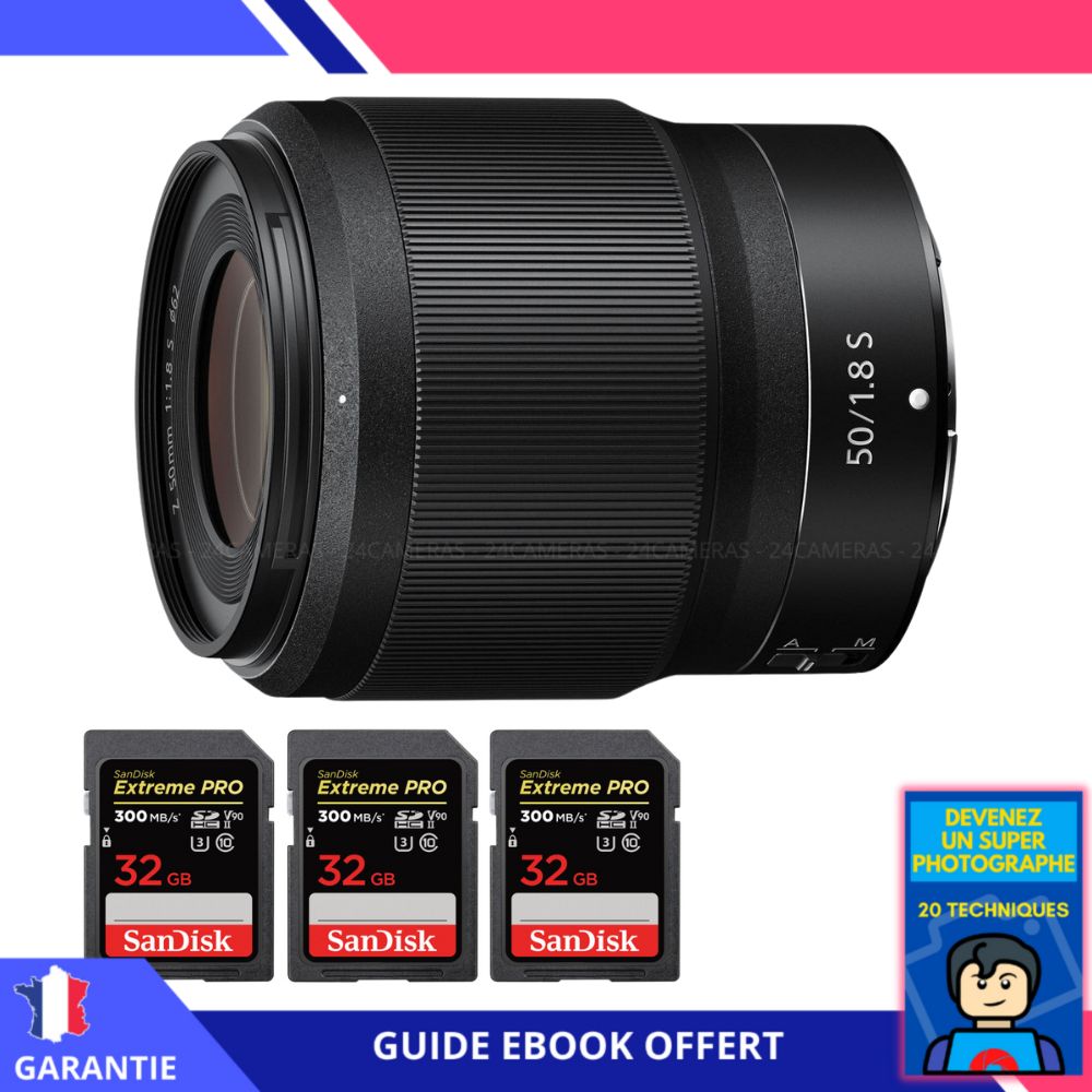 Nikon Z 50mm f/1.8 S Lens + 3 SanDisk 32GB UHS-II 300MB/s Cards + 'Become a Super Photographer' Ebook - Nikon Hybrid Camera Lens
