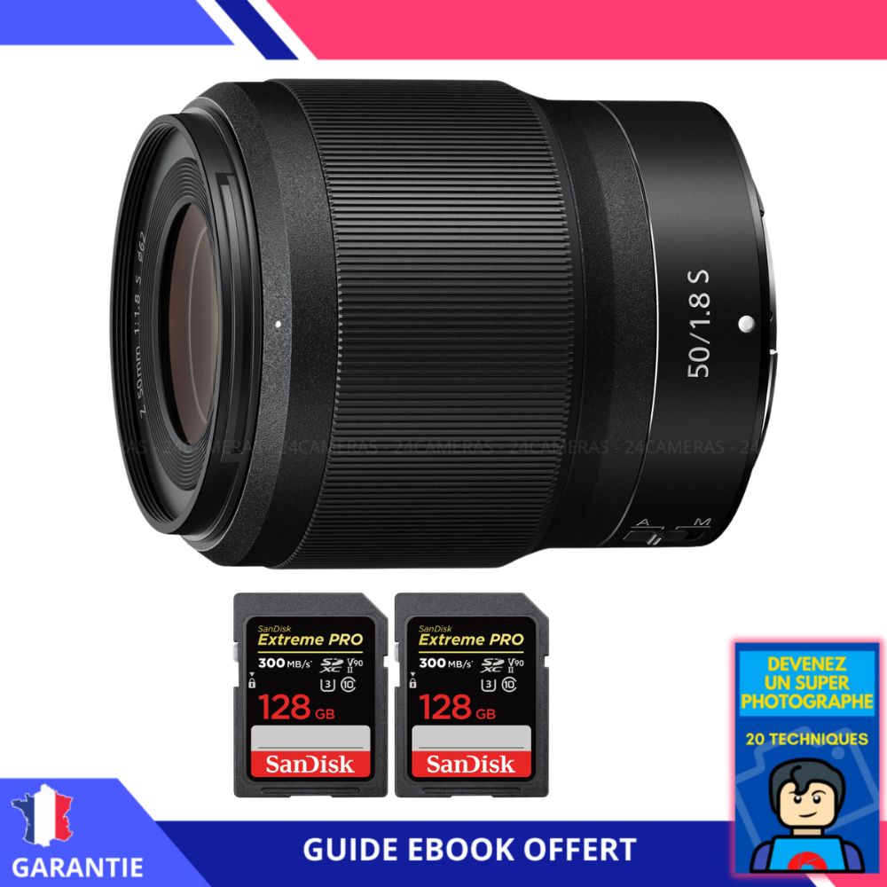 Nikon Z 50mm f/1.8 S Lens + 2 SanDisk 128GB UHS-II Cards + 'Become a Super Photographer' Ebook - Nikon Z Lens for Hybrid Cameras