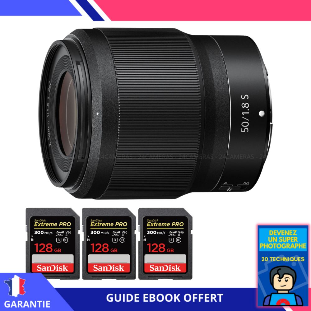 Nikon Z 50mm f/1.8 S Lens + 3 SanDisk 128GB UHS-II 300MB/s Cards + 'Become a Super Photographer' Ebook - Nikon Hybrid Camera Lens