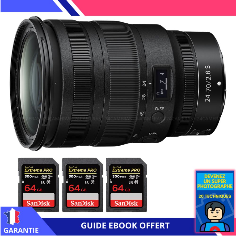 Nikon Z 24-70mm f/2.8 S Lens + 3 SanDisk 64GB UHS-II 300MB/s Cards + 'Become a Super Photographer' Ebook - Nikon Hybrid Camera Lens