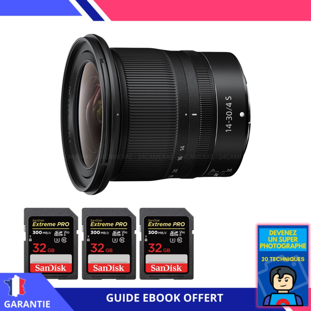 Nikon Z 14-30mm f/4 S + 3 SanDisk 32GB UHS-II 300MB/s Card + Ebook 'Devenez Un Super Photographe'