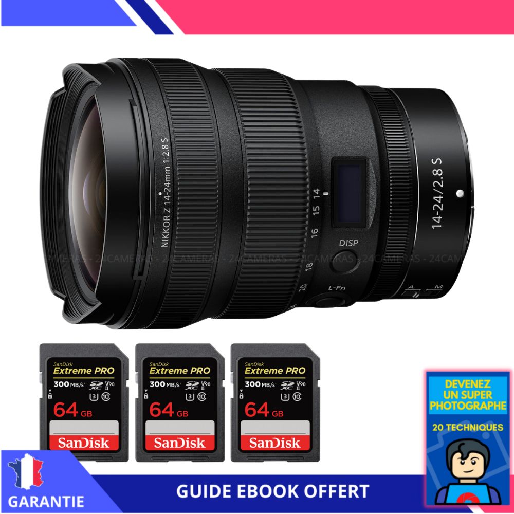 Nikon Z 14-24mm f/2.8 S Lens + 3 SanDisk 64GB UHS-II 300MB/s Cards + 'Become a Super Photographer' Ebook - Nikon Z Lens for Hybrid Cameras