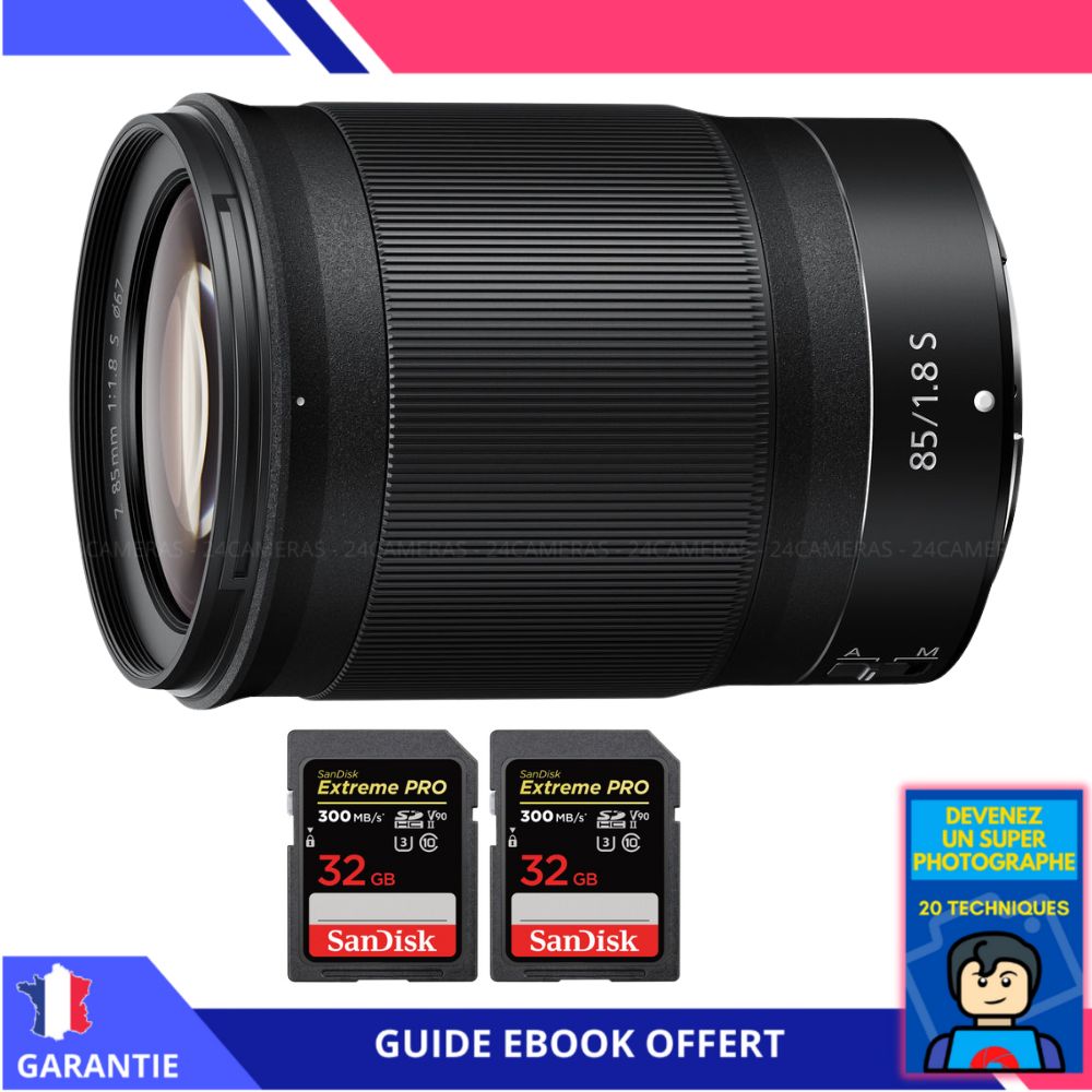 Nikon Z 85mm f/1.8 S Lens + 2 SanDisk 32GB UHS-II Cards + 'Become a Super Photographer' Ebook - Nikon Z Lens for Hybrid Cameras