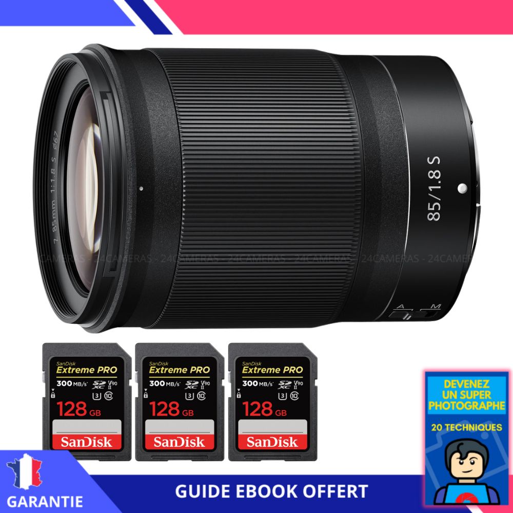 Nikon Z 85mm f/1.8 S Lens + 3 SanDisk 128GB UHS-II 300MB/s Cards + 'Become a Super Photographer' Ebook - Nikon Hybrid Camera Lens