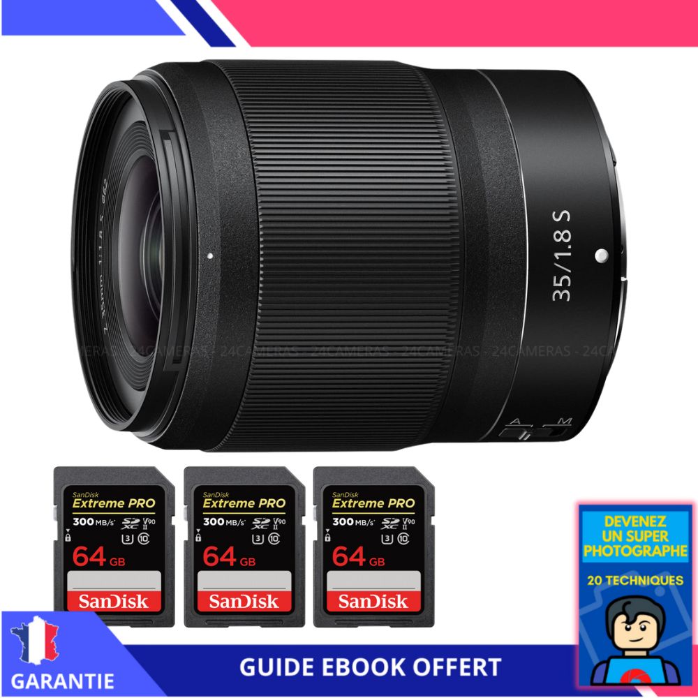 Nikon Z 35mm f/1.8 S Lens + 3 SanDisk 64GB UHS-II 300MB/s Cards + 'Become a Super Photographer' Ebook - Nikon Full-Frame Z Lens