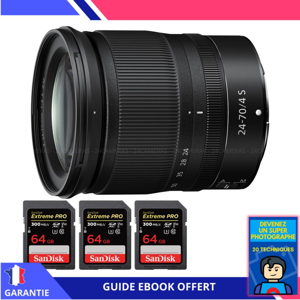 Nikon Z 24-70mm f/4 S Lens + 3 SanDisk 64GB UHS-II 300MB/s Cards + 'Become a Super Photographer' Ebook - Nikon Hybrid Camera Lens