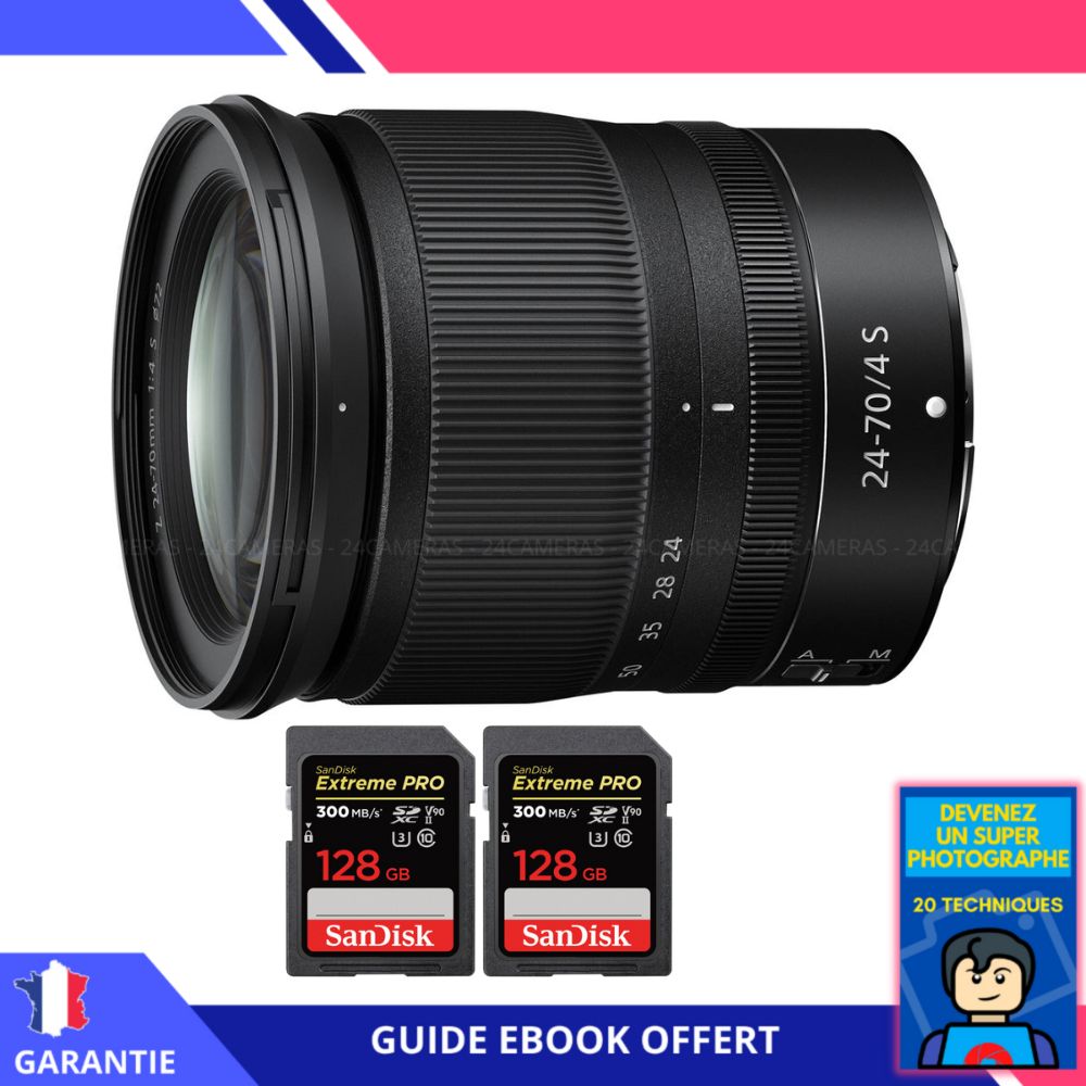 Nikon Z 24-70mm f/4 S Lens + 2 SanDisk 128GB UHS-II 300MB/s Cards + 'Become a Super Photographer' Ebook - Nikon Hybrid Camera Lens
