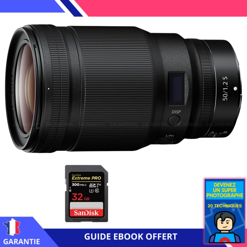 Objectif Nikon Z 50 mm f/1.2 S + Carte Sandisk de 32 Go UHS-II + Guide 'Devenez un Photographe Suprême' - Objectif Nikon Z pour Appareil Photo Hybride
