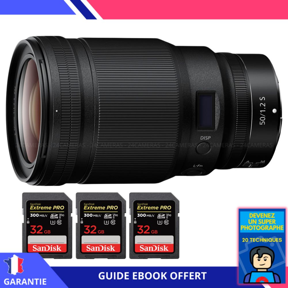 Objectif Nikon Z 50 mm f/1.2 S + 3 Cartes Sandisk 32 Go UHS-II 300 Mo/s + Ebook 'Devenez un Super Photographe' - Objectif Nikon Z pour Appareil Photo Hybride
