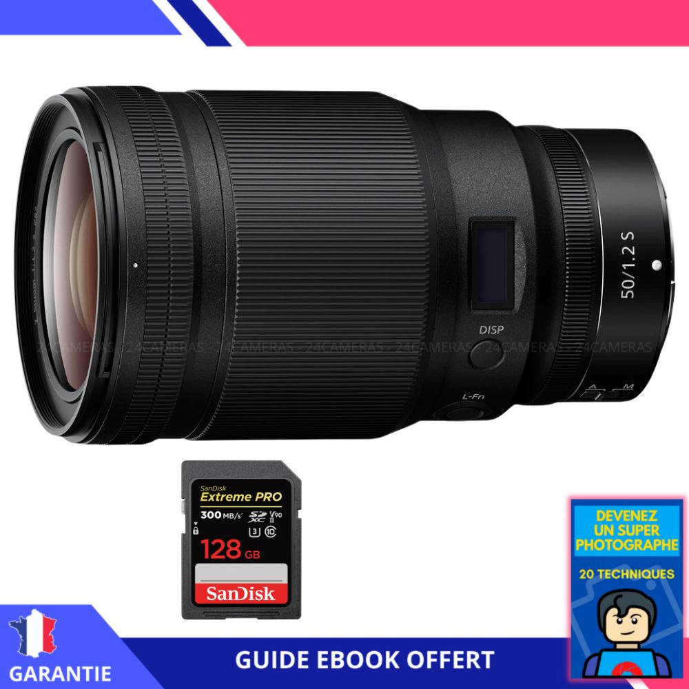 Objectif Nikon Z 50 mm f/1.2 S + 1 Carte SanDisk 128 Go UHS-II 300 Mo/s + Guide 'Devenez un Photographe Suprême' - Objectif Nikon Z pour Appareil Photo Hybride