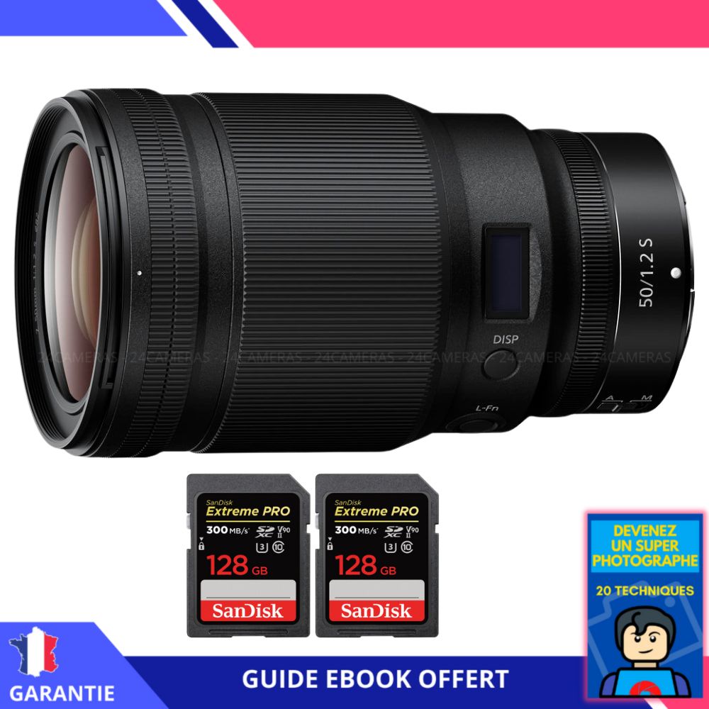 Objectif Nikon Z 50 mm f/1.2 S + 2 cartes Sandisk 128 Go UHS-II 300 Mo/s + ebook 'Devenez un Super Photographe' - Objectif Nikon Z pour hybride Nikon